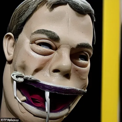 Prompt: Nigel Farage as a ventroquial dummy, hinged jaw, wires, lacquered, glossy, (cracked) varnish, ((photo))