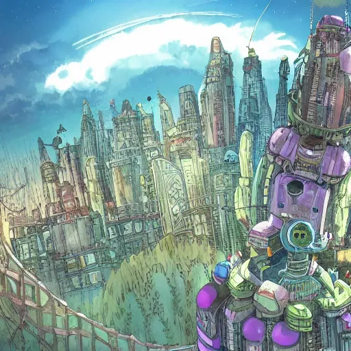 Prompt: future city covered by forest creature, flying, culture, smooth, howl's moving castle, by studio ghibli, 4 k