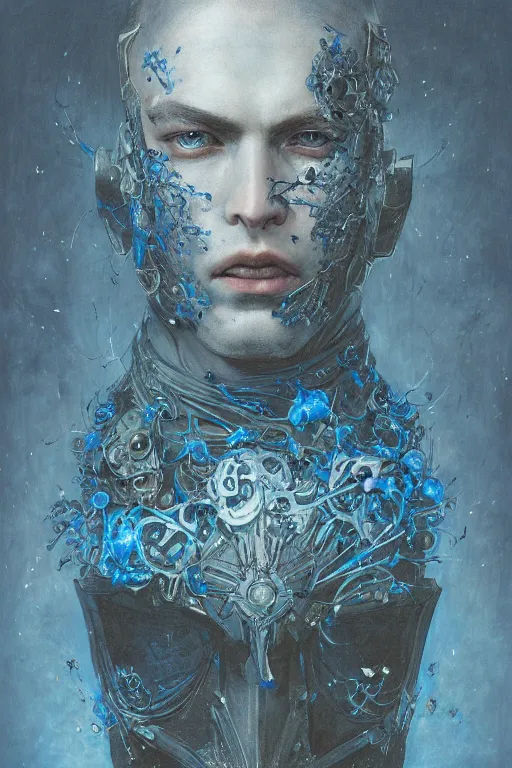 Image similar to portrait of beautiful young man, warhammer, japanic style, cyberpunk armor, a lot of scars, more and more flowers, blue head, the middle ages, highly detailed, artstation, illustration, art by jean delville, 8 k quality