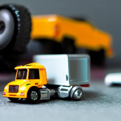 Image similar to cybertruck hot wheels on a desk with other toys in the background, depth of field, dramatic lighting