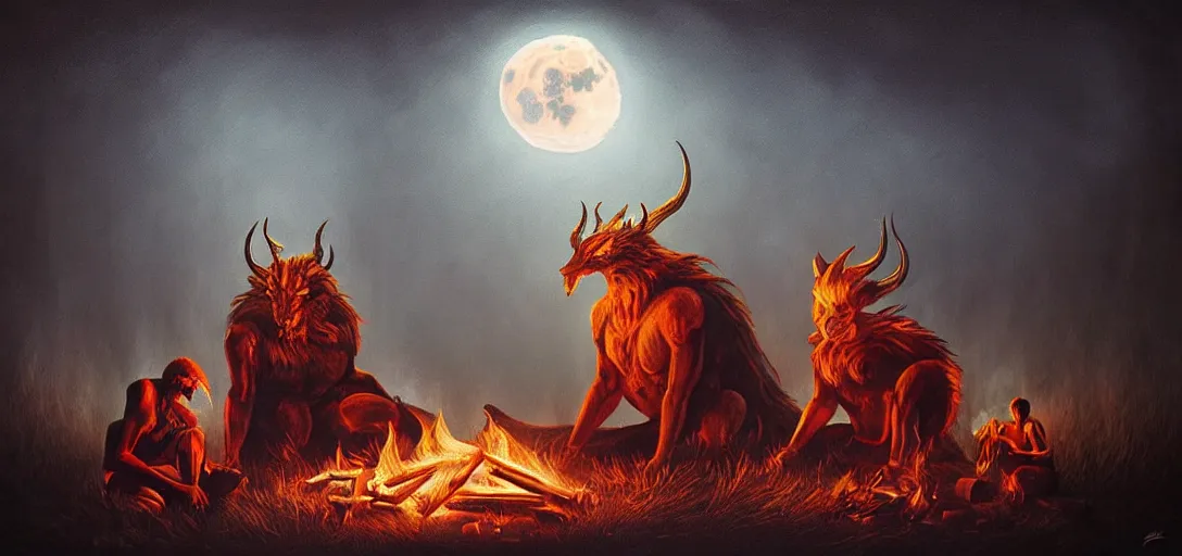 Image similar to strange mythical beasts of sitting around a fire under a full moon, surreal dark uncanny painting by ronny khalil