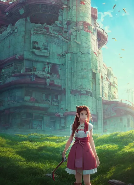 Image similar to beautiful portrait of aerith from final fantasy dahyun from twice the style of wlop, artgerm, yasutomo oka, yuumei, rendered in octane render, surrounded by epic ruins landscape by simon stalenhag, digital art dynamic dramatic lighting, imagine fx, artstation, cgsociety, by bandai namco artist,