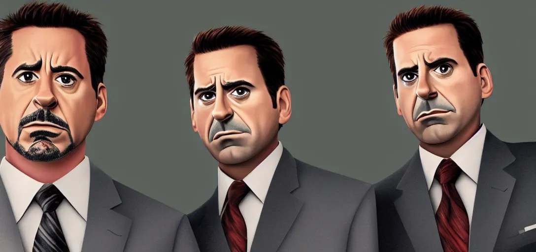 Image similar to a very high resolution image of tony stark and micheal scott. from an episode of the office. photorealistic, photography