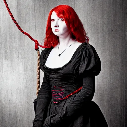 Image similar to dark portrait, death ultra red head woman in medieval dress, strangled with rope, bluish face, victorian style, high detail