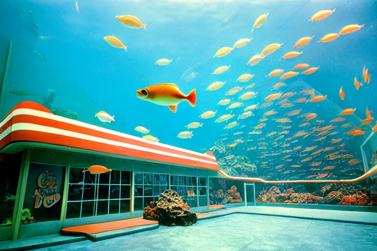 Image similar to 1 9 8 5 crab themed giant aquarium, googie architecture, one point perspective, americana, fishcore, exterior photography, hd 8 k, photography cinestill