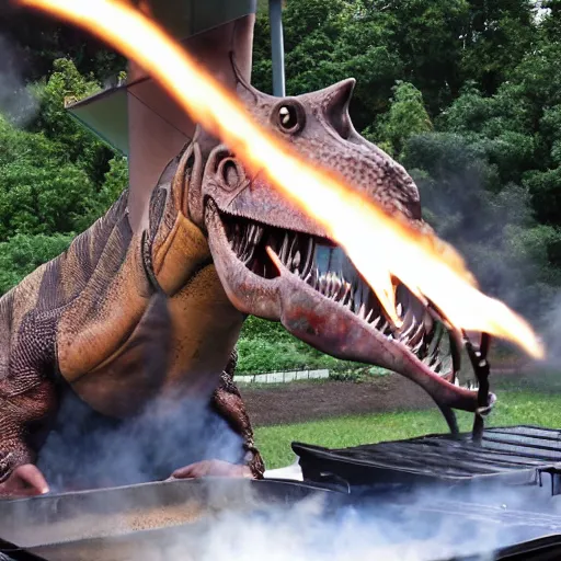 Image similar to photo of a chef roasting a realistic dinosaur on a grill