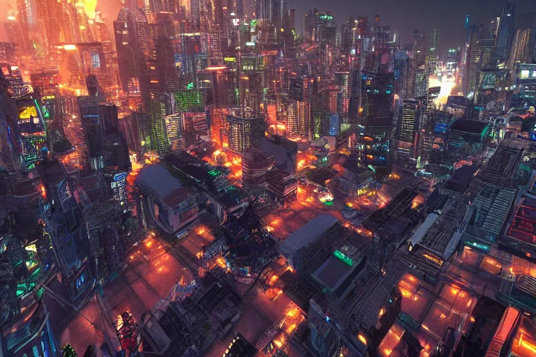 Prompt: sci - fi bangkok cityscape. wide angle night photo. helicopter view. exaggerated detail. volumetric lighting. unreal engine. by masamune shirow. 4 k