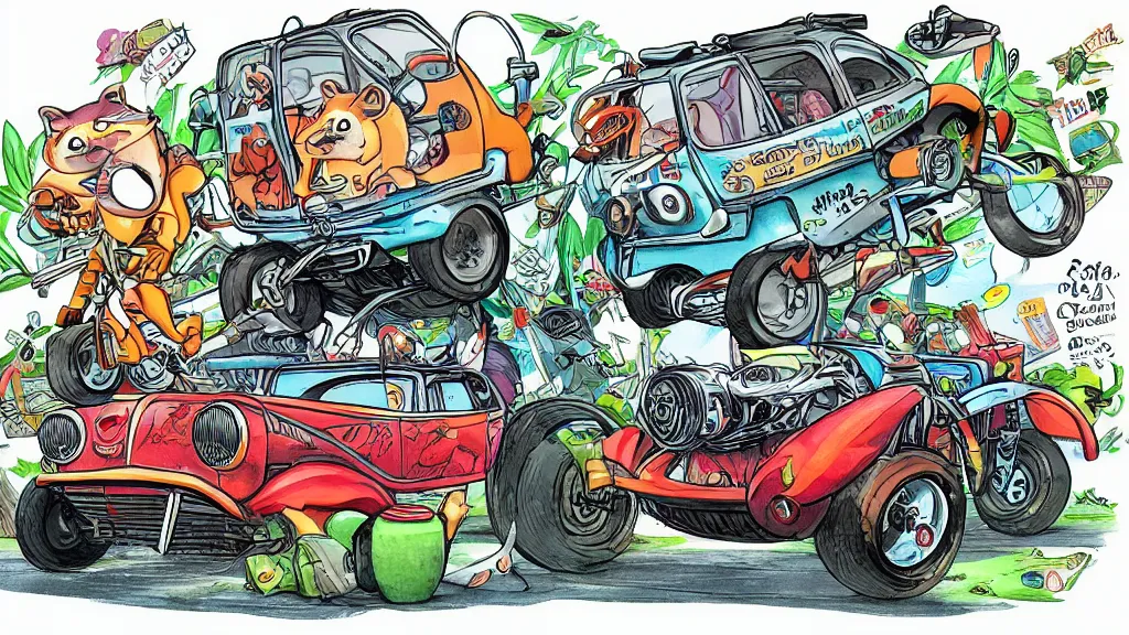 Image similar to cute and funny, racoon riding in a tiny hot rod coupe, ratfink style by ed roth, centered award winning watercolor pen illustration, isometric illustration by chihiro iwasaki, edited by range murata