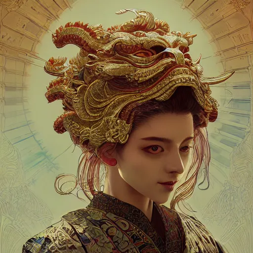 Image similar to a photorealistic dramatic fantasy render of a beautiful woman wearing a beautiful intricately detailed japanese komainu kitsune mask and clasical japanese kimono by wlop, artgerm, greg rutkowski, alphonse mucha, beautiful dynamic dramatic dark moody lighting, shadows, cinematic atmosphere, artstation, concept design art, octane render, 8 k