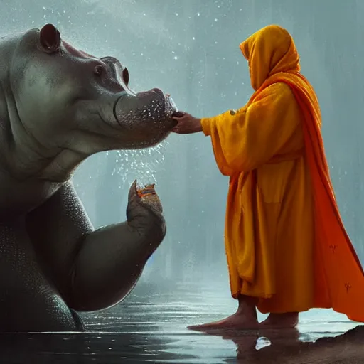 Image similar to anthropomorphic bipedal hippopotamus humanoid wearing saffron robe by greg rutkowski, water temple, winter, fantasy