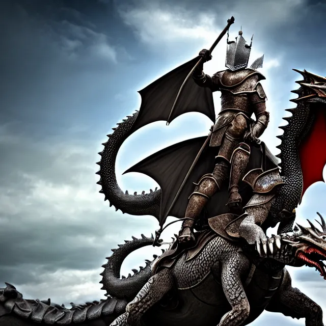 Image similar to knight riding a dragon, highly detailed, 8 k, hdr, smooth, sharp focus, high resolution, award - winning photo