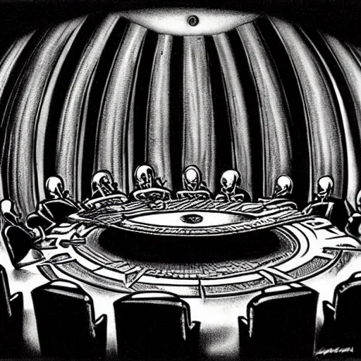 Prompt: World leaders sit on a round table by hr giger - n 4