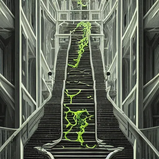 Prompt: a flood of slime in a bright white hallway with many doors and many stairs, Mc Escher architecture, epic composition, cgsociety, hyperdetailed, 8k