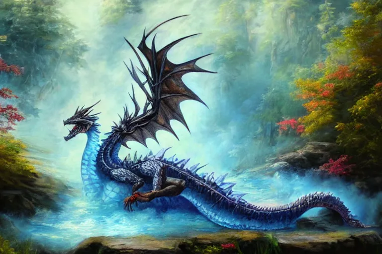 Image similar to highly detailed oil painting of a crytal dragon sitting in a steaming colorful hotspring with woodland forest backdrop, featured on artstation