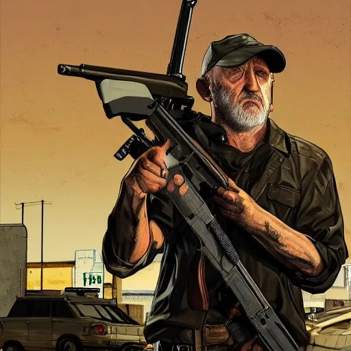 Image similar to Mike Ehrmantraut holding a rifle in GTA V, cover art by stephen bliss, highly detailed, 4k