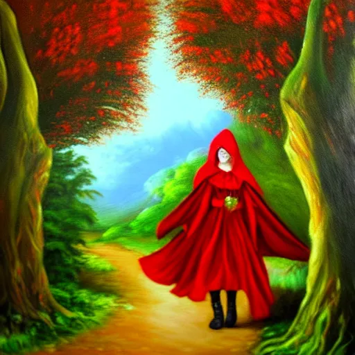 Image similar to oil painting of little red riding hood walking through a fantasy landscape filled with brugmansia suaveolens