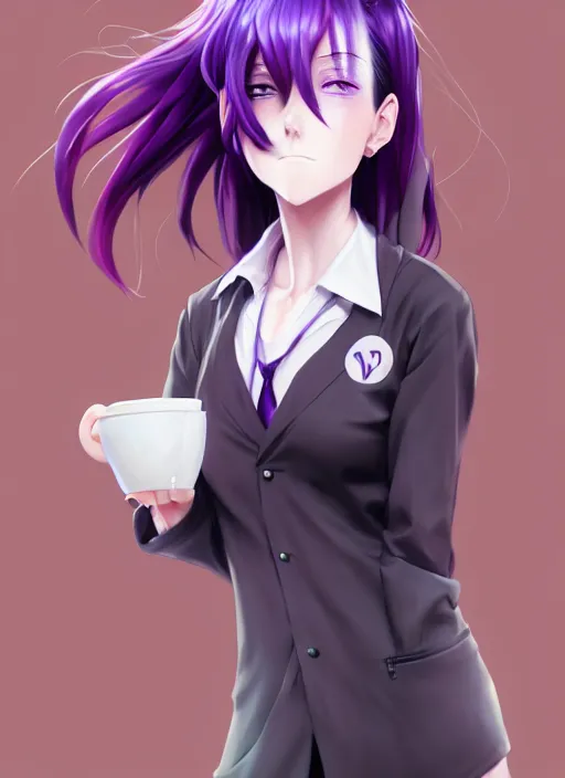 Prompt: girl with purple hair gathered in two tails with green eyes in a school uniform with vig breasts drinks cofee, anime style, park, elegant, highly detailed, digital painting, artstation, concept art, smooth, sharp focus, illustration, art by yihao ren
