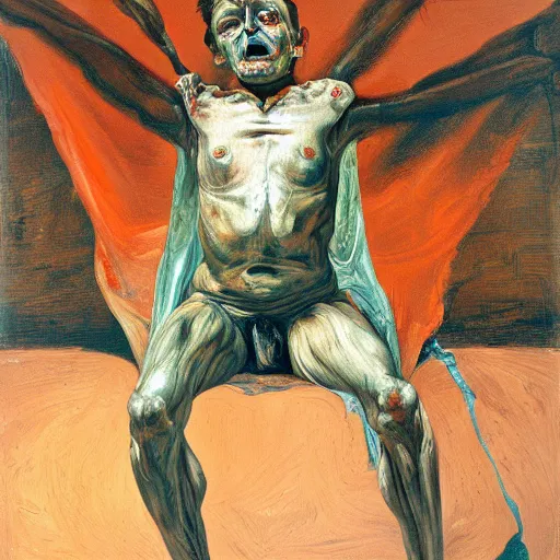 Prompt: high quality high detail painting of a dark figure in agony by lucian freud and jenny saville and francis bacon, hd, dark demonic dancer, turquoise and orange