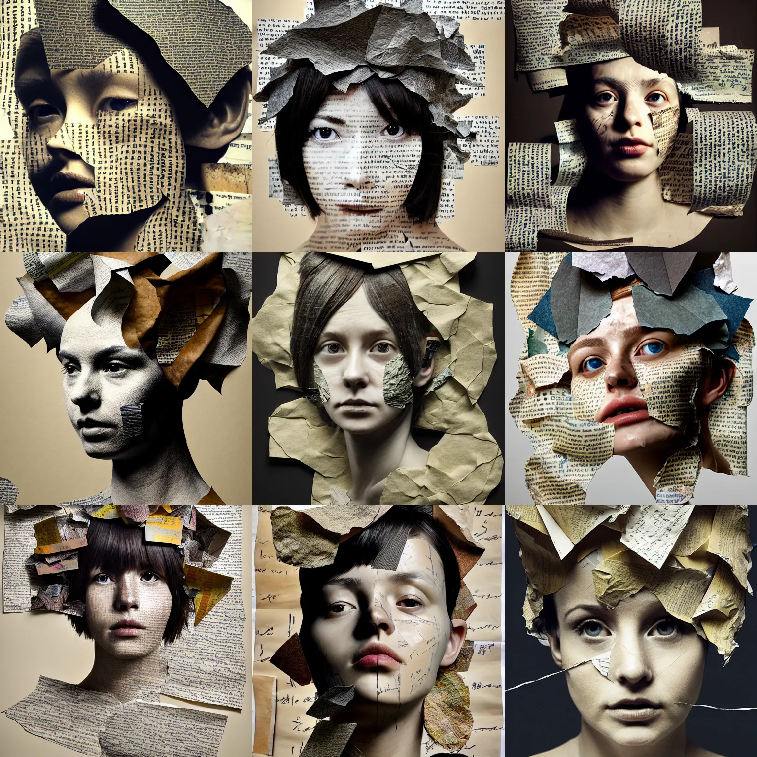 Prompt: rendered in blender hedera on her head and crumpled paper as a texture, collage handwritten letters and tape, hyperrealism mixed with expressionism, high resolution, cinematic, unreal 6, breathtaking detailed by yasutomo oka