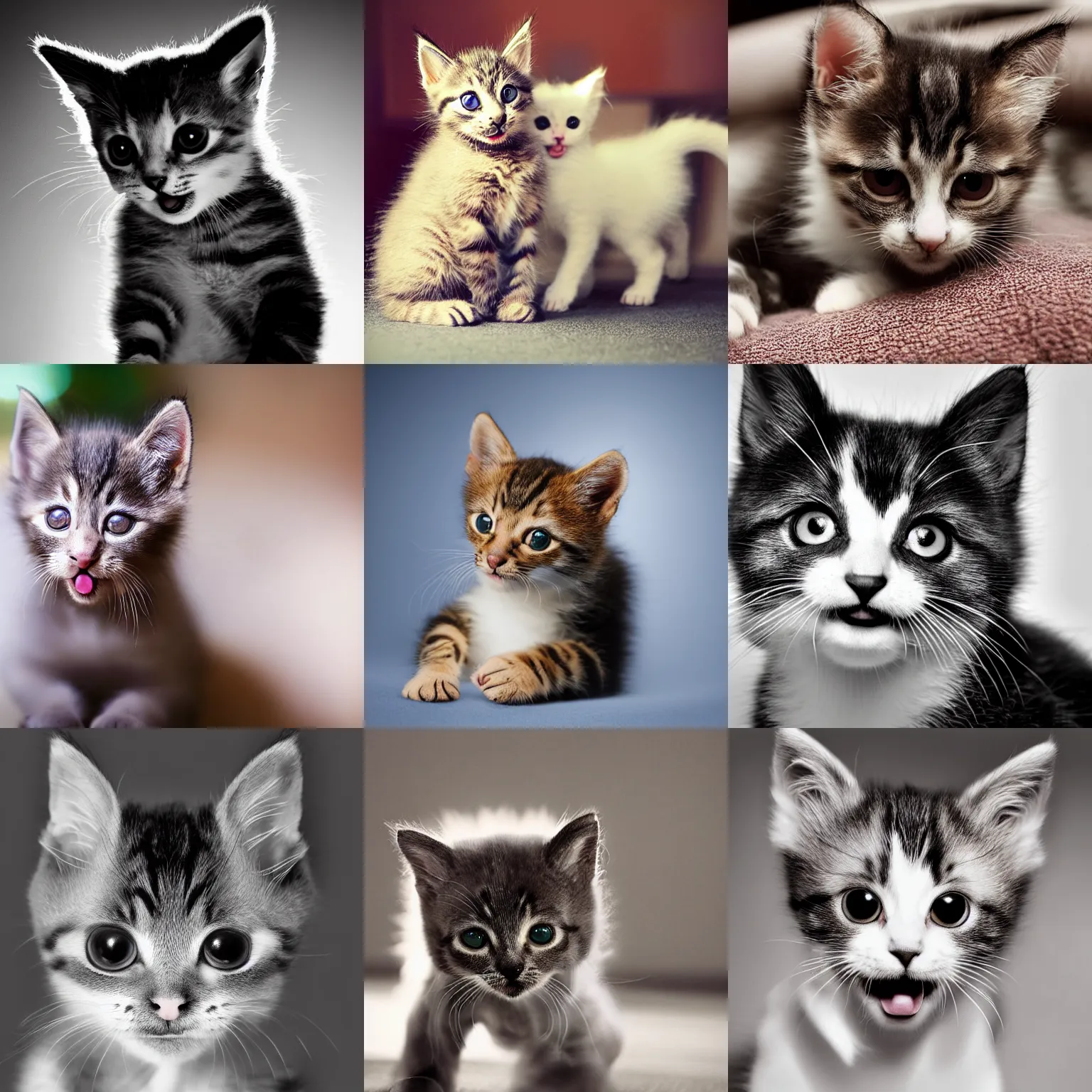 Prompt: of kitten photograph, shocked, surprised look, mouth open, gasping, radial blur