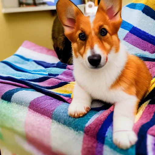 Prompt: 8k highly detailed photograph of the most adorable Corgi Puppies wearing a rainbow bandana, posing on my couch, golden hour,