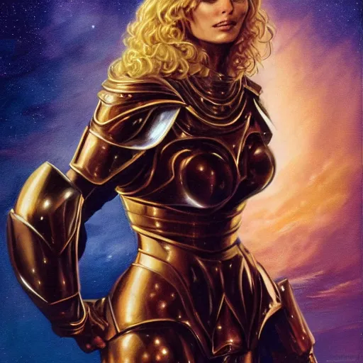 Image similar to portrait of a stunningly beautiful paladin in copper plate armor who looks like young michelle pfeiffer, moonlight in the background by boris vallejo and julie bell, upper body, soft details, soft lighting, HD, elegant, intricate, masterpiece