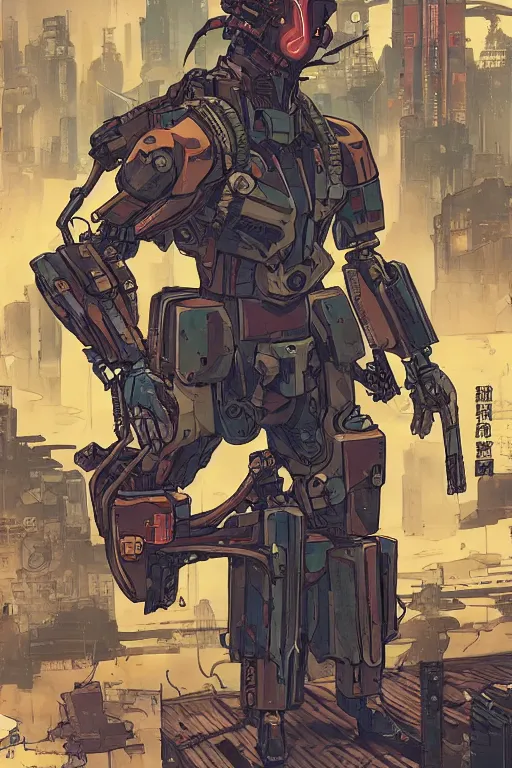 Prompt: cyberpunk mecha ninja borderland that looks like it is from borderlands and by feng zhu and loish and laurie greasley, victo ngai, andreas rocha, john harris