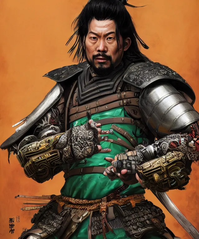 Prompt: an epic fantastic realism comic book style portrait painting of a japanese samurai, male with black hair and a green belt, apex legends, octane render, intricate detail, 4 k hd, unreal engine 5, ex machina, irobot