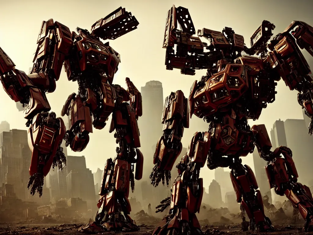 Image similar to a shiny ornate boxing humanoid mecha in ruin city, victory, bright, by war robots, real steel ( 2 0 1 1 ), westworld and eve venture and pacific rim and machine warrior 5, cryengine, frostbite 3 engine, scarlet and yellow scheme, sharp focus, 8 k, high definition, insanely detailed, soft lighting, smooth face