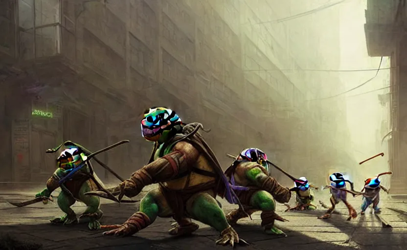 Prompt: painting of ninja turtles, hyper realistic t, natural light, concept art, by greg rutkowski, cozy atmospheric and cinematic lighting