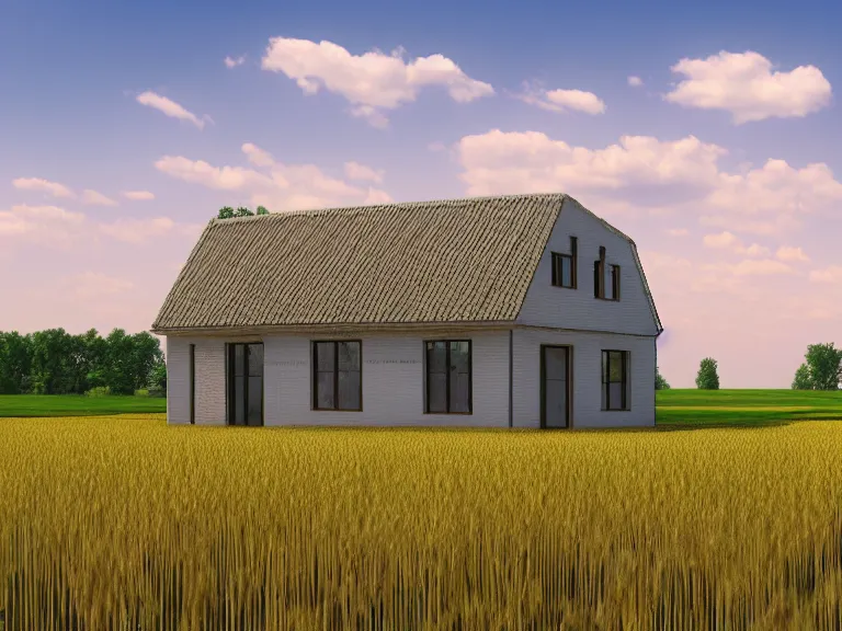 Image similar to hyperrealism concept art design of beautiful house in small ukrainian village, wheat field behind the house