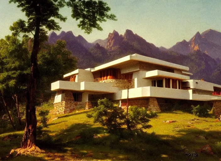 Prompt: painting of a frank lloyd wright house in front of beautiful mountains by albert bierstadt