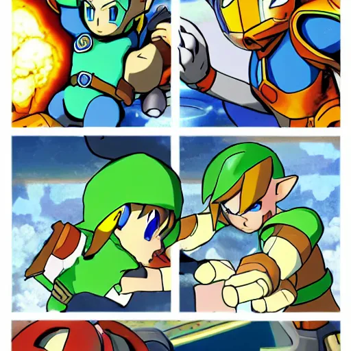 Image similar to mega - man and link from zelda in a bar trying to pick up samus from metroid real