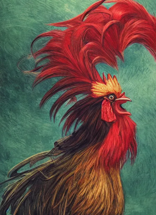 Prompt: a gorgeous rooster japanese art with a red scarf, medium long brown hair, green eyes, is looking at a bird, ethereal, horror, fantasy art by greg rutkowski and magali villeneuve and claude monet