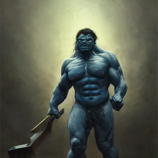 Prompt: artstation concept a midnight blue hulk holding an axe, dusty brown background, grotesque face, hyperdetailed, artstation trending, world renowned artists, worth 1 0 0 0. com, historic artworks society, antique renewel, cgsociety, by greg rutkowski, by gustave dore, deviantart