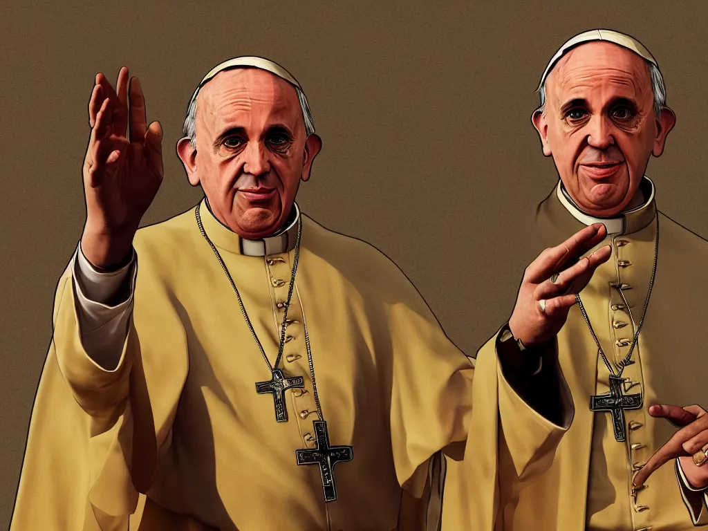 Prompt: pope francis digital art as the loading screen of GTA V, grand theft auto, golden hour lighting, graphic art,