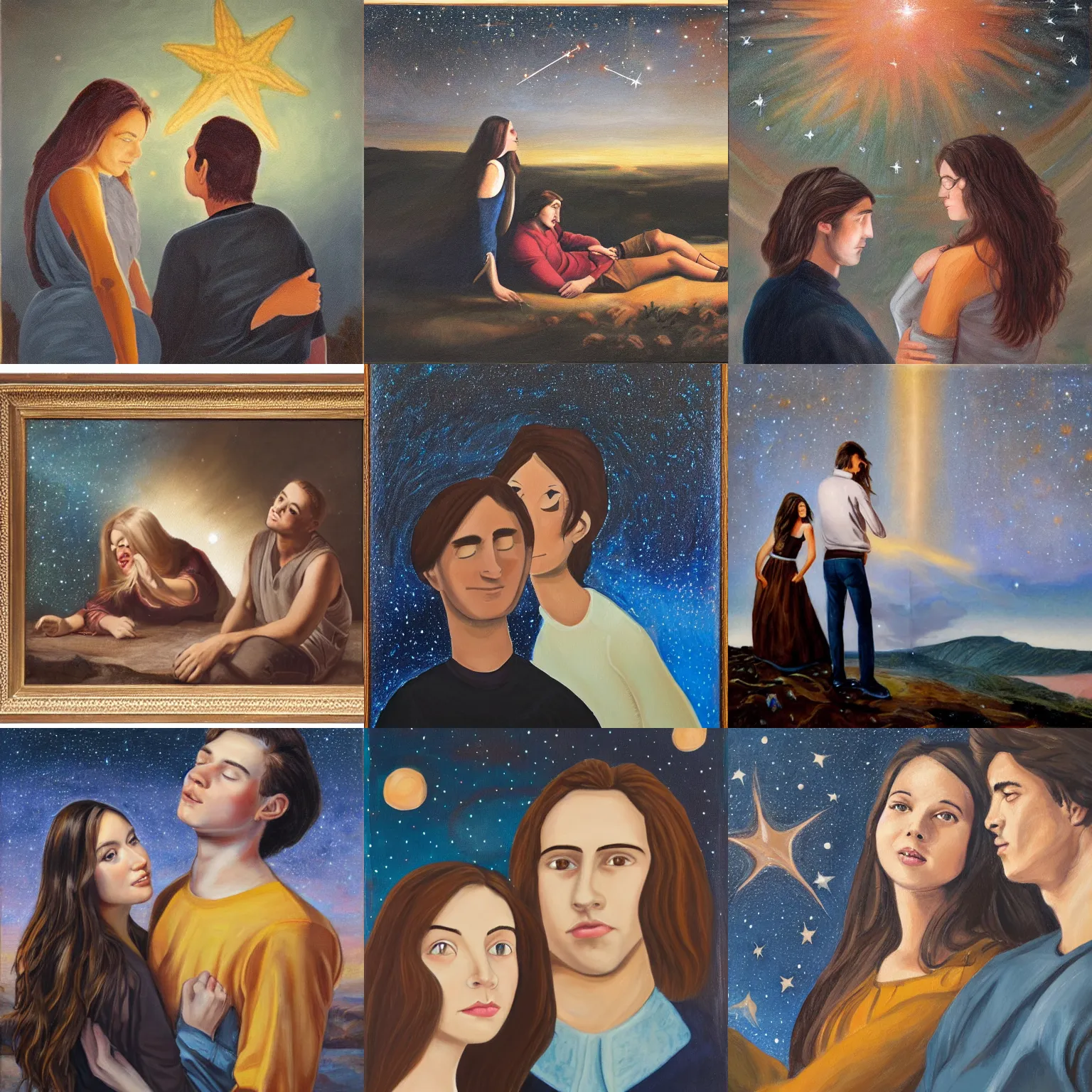 Prompt: painting of young man and woman with long brown hair star gazing