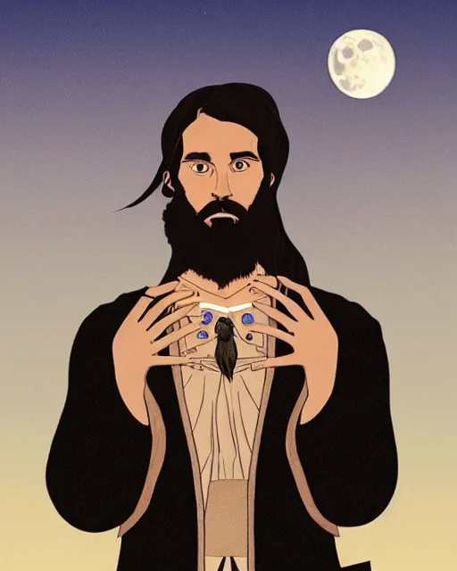 Image similar to portrait of a man with long black hair and beard holding a bird in his hands, full moon in the background, fine portrait, beautiful, concept art, by tomer hanuka, by jan vermeer