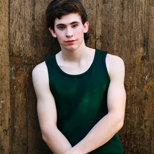 Prompt: portrait of a boy, around 22 yo with natural brown hair and green eyes. Smooth, pale skin and a net tanktop. Blue sky background.