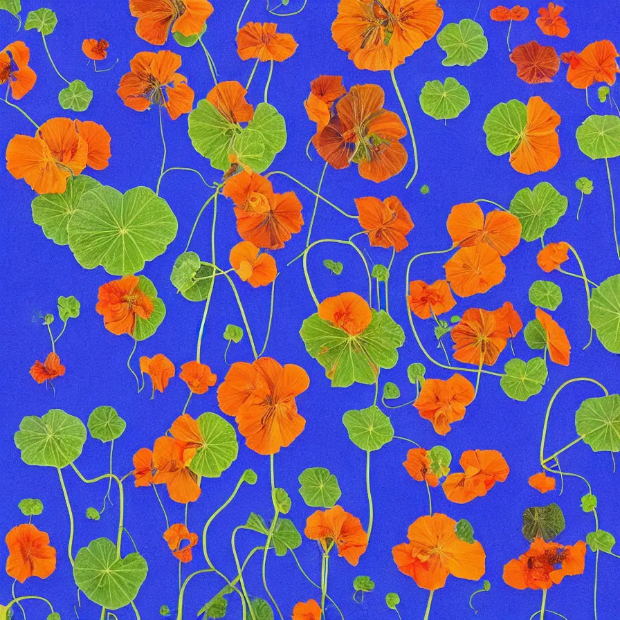 Image similar to surrealist supernatural nasturtium plant, indigo background and cool vibes