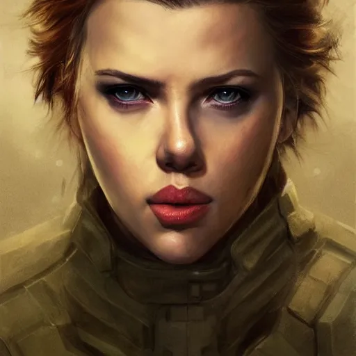 Image similar to solid snake played by by scarlett johansson, face portrait, hd shot, digital portrait, elegant, beautiful, fantasy art, artstation, comic style, by artgerm, guy denning, jakub rozalski, magali villeneuve and charlie bowater