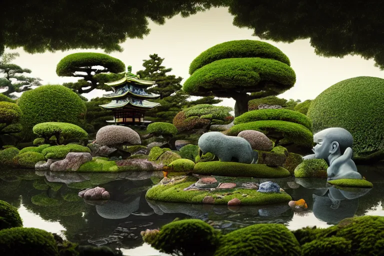 Image similar to beautiful sculptures in a serene japanese garden, part by michaelangelo, part by james jean, part by ross tran, part by jacek yerka, part by leslie zhang, surreal, highly detailed, beautiful detailed intricate insanely detailed octane render trending on artstation, 8 k artistic photography, photorealistic, volumetric cinematic light, chiaroscuro