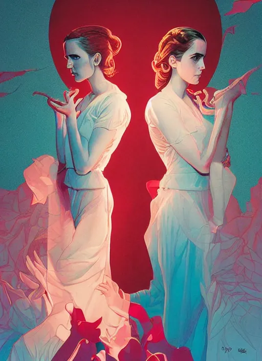 Image similar to poster artwork by Michael Whelan and Tomer Hanuka, Karol Bak Emma Watson and Kiernan Shipka in beauty pageant, from scene from Twin Peaks, clean