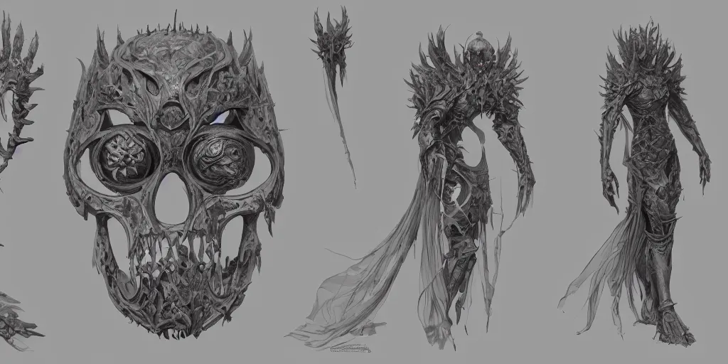 Image similar to bone mask design, character sheet, Moebius, Greg Rutkowski, Zabrocki, Karlkka, Jayison Devadas, Phuoc Quan, trending on Artstation, 8K, ultra wide angle, zenith view, pincushion lens effect.