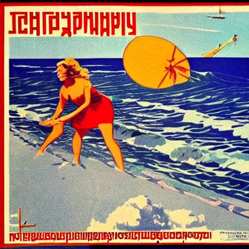 Prompt: a soviet poster of a beach day