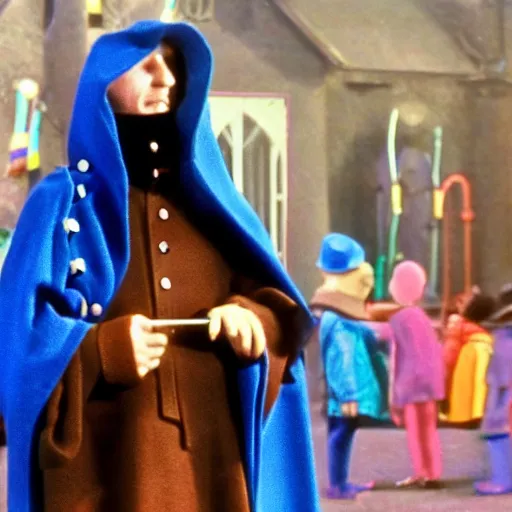 Image similar to willy wonka wearing a dark hooded cloak