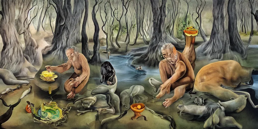 Prompt: sitting on hands. going for a walk in the country. eating leaves in the forest on the floor. alan sugar. eating burnt toast and drinking fresh clear water from a stream, painting in the style of dali. pastry pets on his shoulders