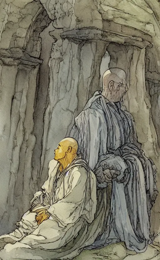 Image similar to a realistic and atmospheric watercolor fantasy concept art of giant monk in grey robes sitting in stonehenge. in the foreground a small female medieval monk in grey robes is kneeling with her hands by her sides. by rebecca guay, michael kaluta, charles vess