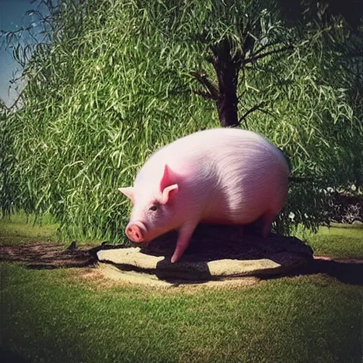 Image similar to “ a cute pig, meditating like buddha, large willow tree in the background. ”