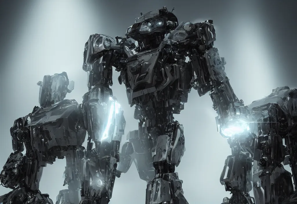 Prompt: mecha with the face of borges, photorealistic, film, cinematic lighting, octane tender, volumetric light, dark - art